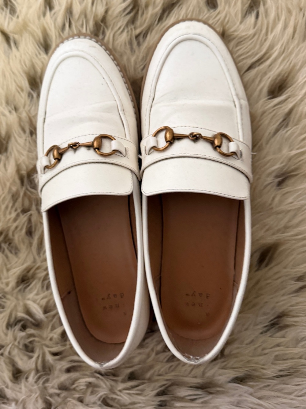 a new day White Leather Bit Loafers with Gold-Tone Hardware